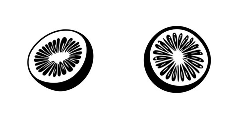 Flat black icon of sliced kiwifruit showing seeds and texture details for use in design and educational materials