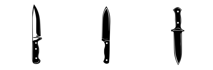 Black silhouette icons of various knife designs showcasing distinct shapes and handles for graphic design purposes