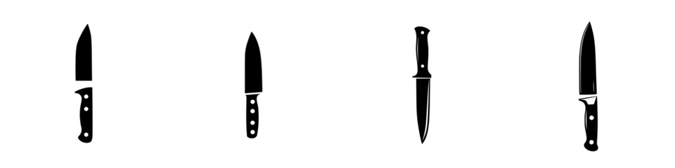 Four flat black icons representing different types of kitchen knives on a simple background showcasing their shapes and designs