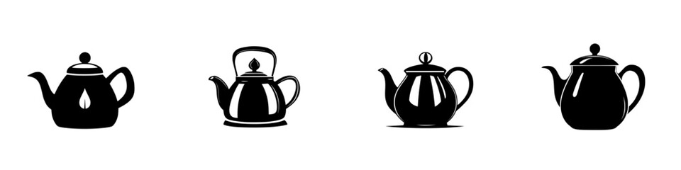 Four flat black icons representing different styles of teapots for design and illustration projects