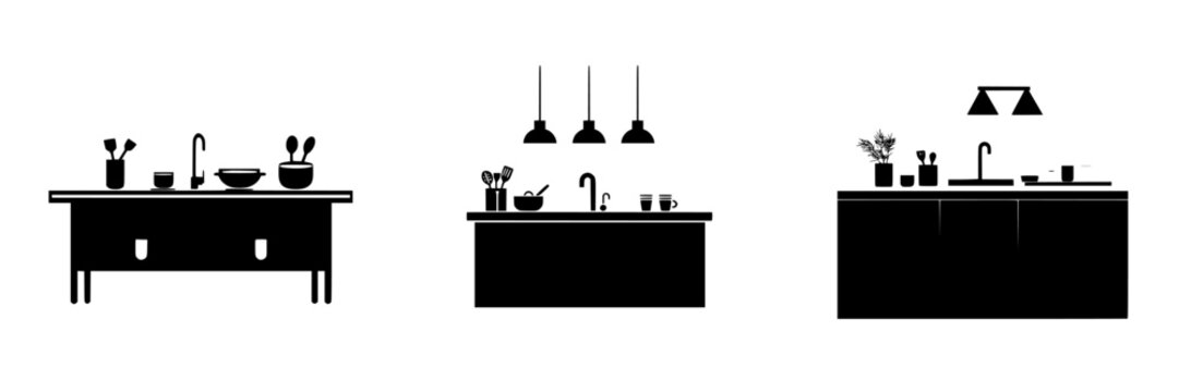 Modern flat black kitchen icons depicting versatile designs for various countertop and lighting styles