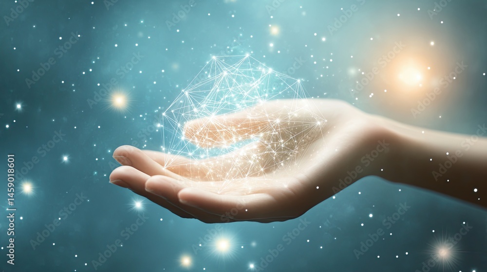 Poster hand holding glowing network structure with nebula, representing connectivity