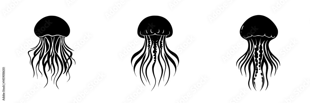Poster flat black jellyfish icons displaying various forms and tentacle designs in a minimalist style for u