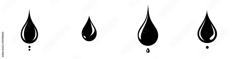 Poster collection of flat black droplet icons representing various sizes and forms for design applications 