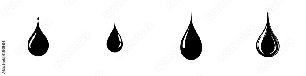 Poster black droplets in various shapes illustrating liquid forms commonly seen in design and art applicati