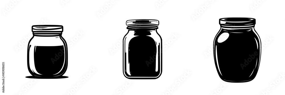 Poster black icon set of jars depicting various designs in a minimalist style suitable for graphic use or d