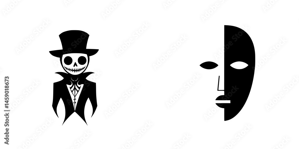 Poster flat black icons representing a mysterious character in formal attire and a stylized mask with contr