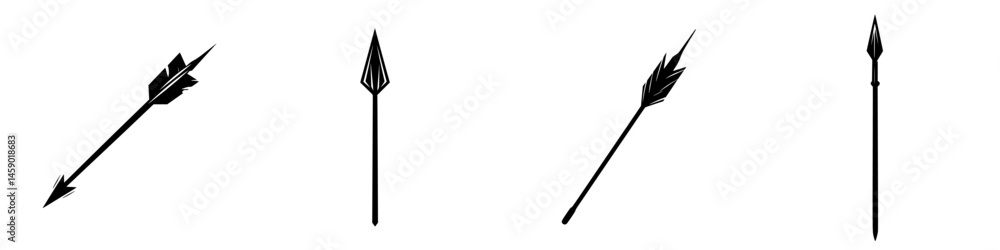 Poster collection of flat black arrow icons depicting different designs and styles for use in various graph