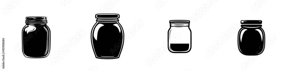Poster flat black icon of various jars displayed in a minimalist style emphasizing shape and design feature