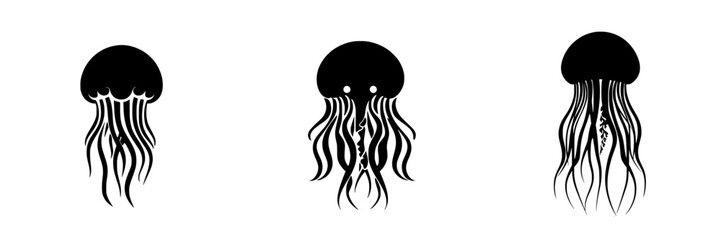 Stylized flat black jellyfish icons representing different designs and shapes for aquatic themes or ocean-related projects