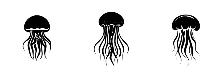 Flat black icon featuring three distinct jellyfish designs with varying tentacle styles and body shapes