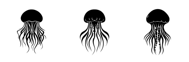 Flat black jellyfish icons displaying various forms and tentacle designs in a minimalist style for use in creative projects