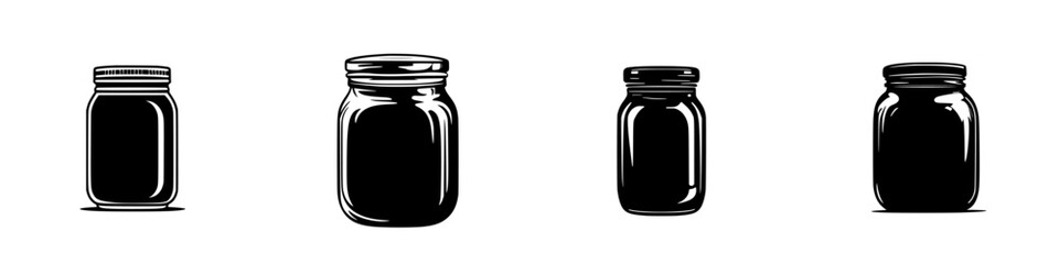 Various sizes of flat black jar icons arranged in a row for graphic design and illustration purposes