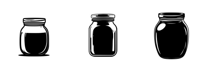 Black icon set of jars depicting various designs in a minimalist style suitable for graphic use or decoration purposes