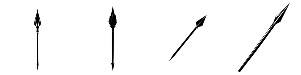 Black flat icon of four different spear designs showcasing unique tips and shaft styles for various applications and purposes