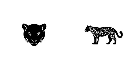 Black icon set showcasing a flat panther head and a standing leopard figure on a clean white background