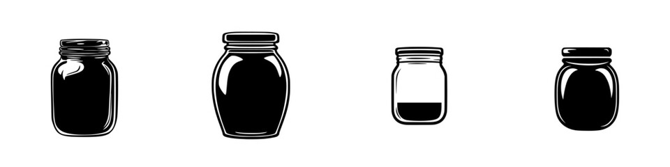 Flat black icon of various jars displayed in a minimalist style emphasizing shape and design features