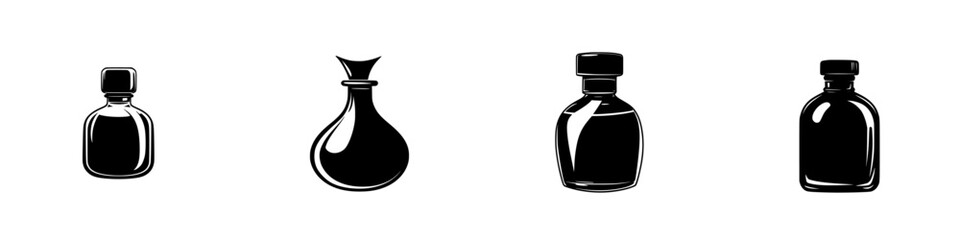 Flat black icons of various bottle shapes suitable for use in graphic design and illustrations