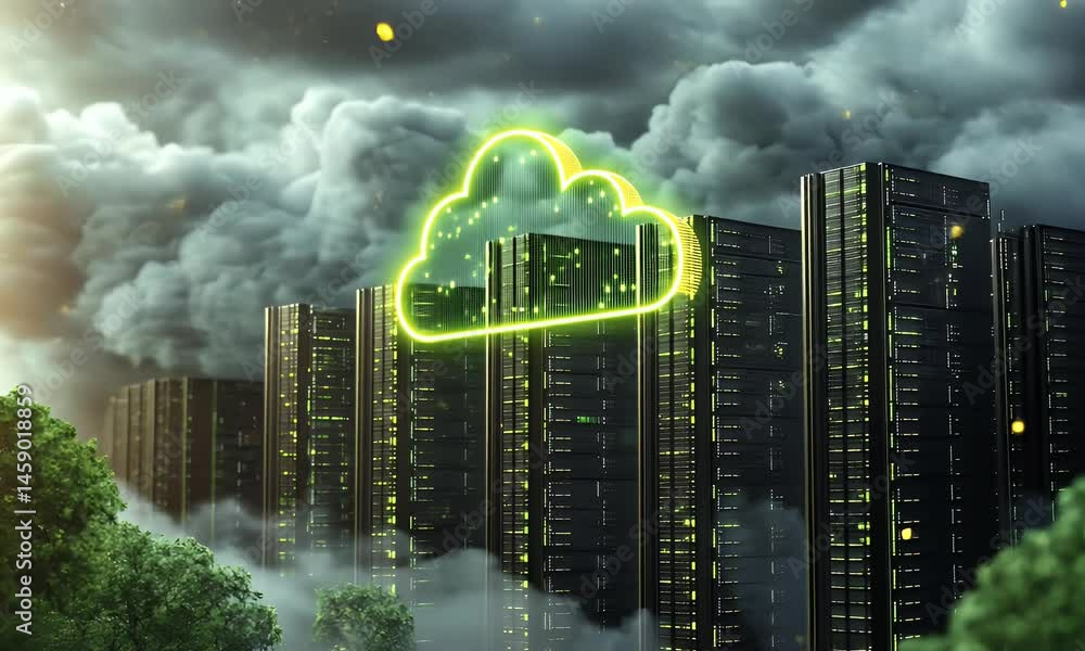 Poster a green cloud symbol floating above rows of data center server equipment,