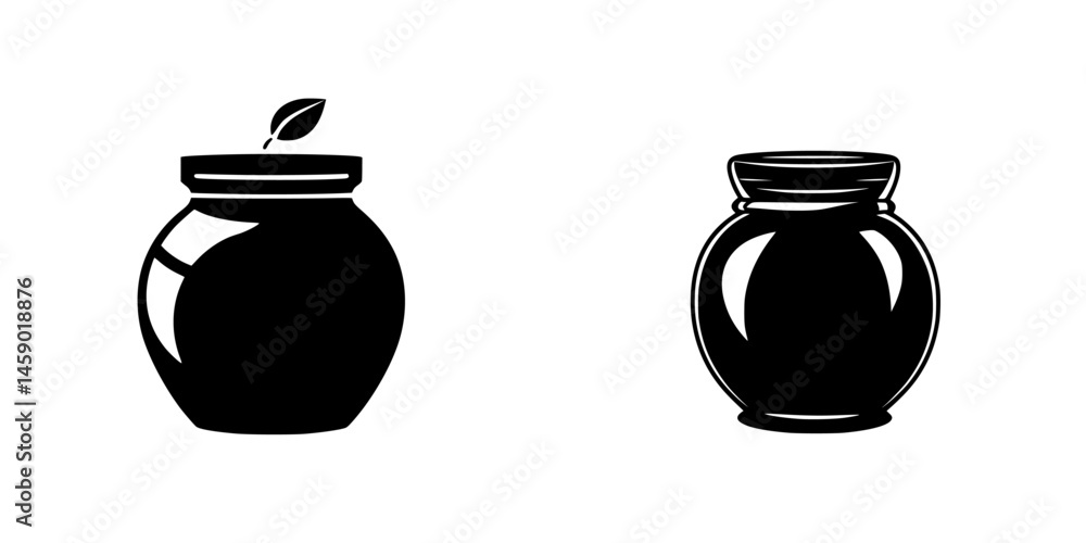 Poster flat black icon showcasing two simple jar designs with varying shapes and a leaf detail on one jar, 