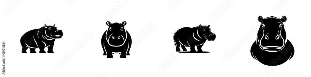 Aufkleber various flat black hippo icons showcasing different angles and expressions in a minimalistic design