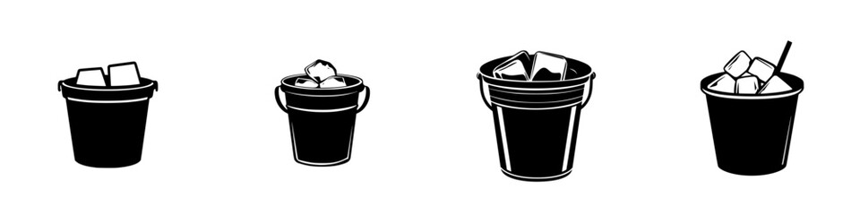 Various flat black icons of buckets filled with ice cubes suitable for beverage service