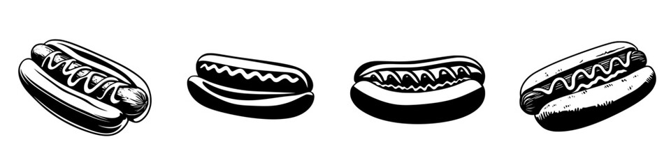 Four distinct flat black icons representing various styles of hot dogs with different toppings and arrangements