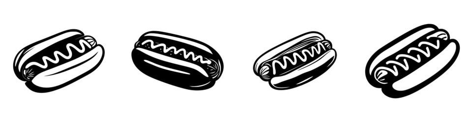 Flat black icon series showcasing various styles of hot dogs with toppings and details for graphic use