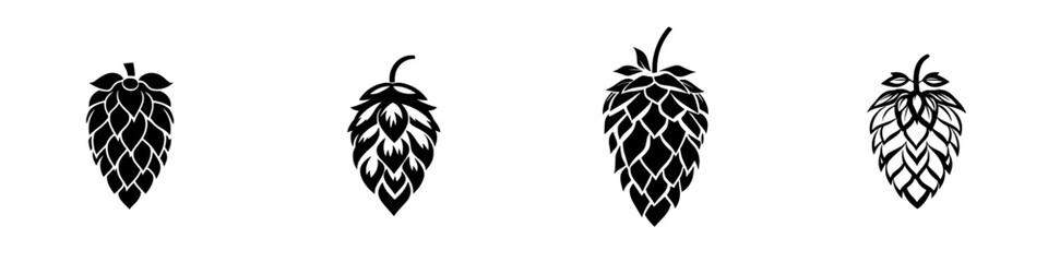 Obraz premium Flat black hop cone icons representing various styles and designs of hops commonly used in brewing beer