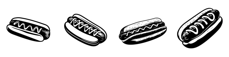 Flat black icon collection of hot dogs featuring various toppings and styles for use in graphic design projects and food-related themes
