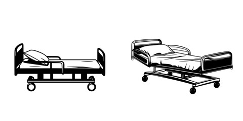 Black flat icons of medical hospital beds illustrating different designs and functions for patient care