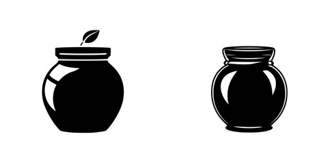 Flat black icon showcasing two simple jar designs with varying shapes and a leaf detail on one jar, suitable for minimalist design projects
