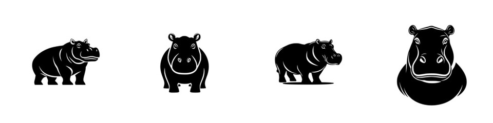 Various flat black hippo icons showcasing different angles and expressions in a minimalistic design