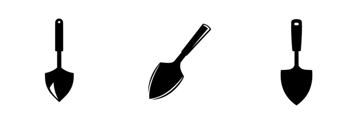 Flat black icons of different types of gardening trowels showcasing tools for planting and landscaping purposes