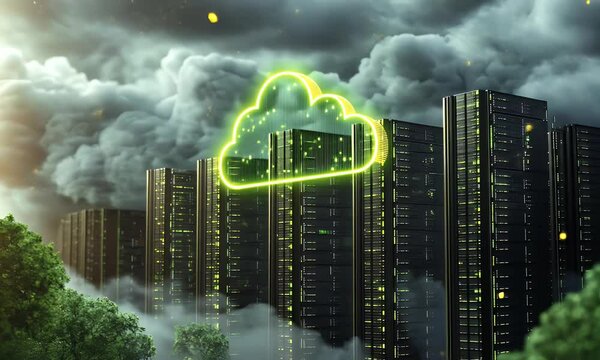 A green cloud symbol floating above rows of data center server equipment, 
