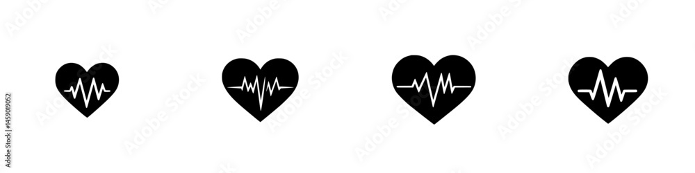 Poster flat black heart icons with pulse lines representing health and wellness concepts in a minimalistic 