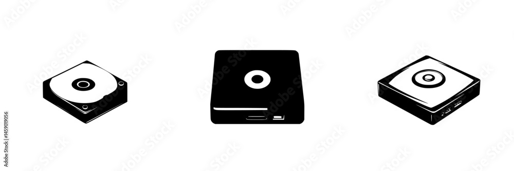 Poster flat black icons representing various models of compact disc players displayed side by side for comp
