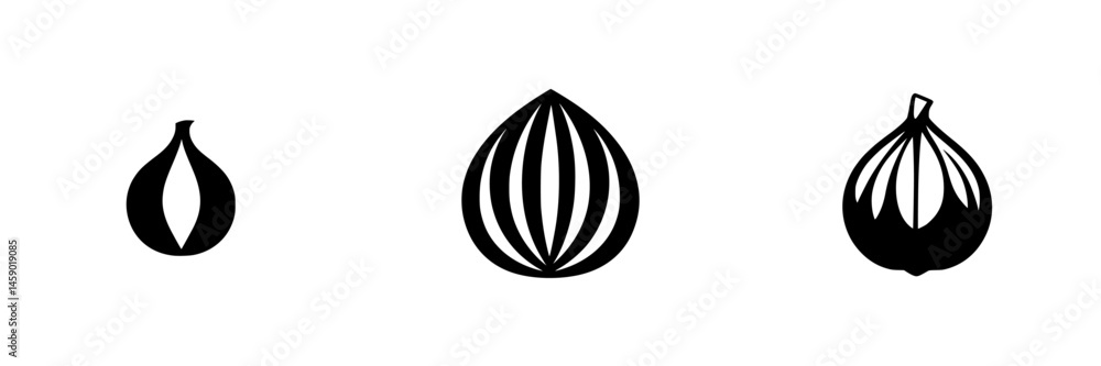 Poster flat black icons of different onion shapes displayed in a row showcasing variety and design