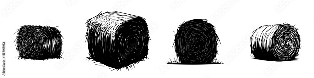 Poster black icons of hay bales in various shapes displayed in a flat design for agricultural themes and ru