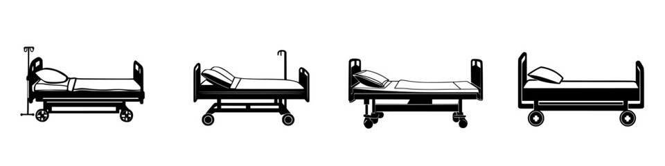 Different styles of flat black hospital beds representing various designs and settings