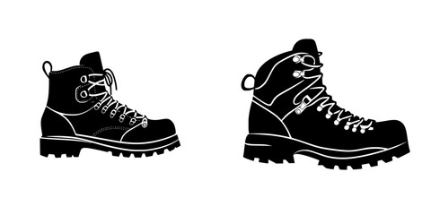 Stylized black icons of hiking boots for outdoor adventure themes and design projects