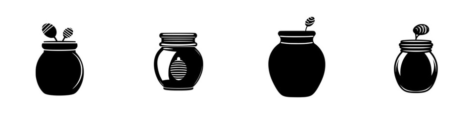 Collection of flat black honey jars with stylized flower patterns and honeycomb designs suitable for artistic or culinary themes