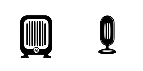 Flat black icons representing a radiator heater and a decorative fan for home use in a minimalist design