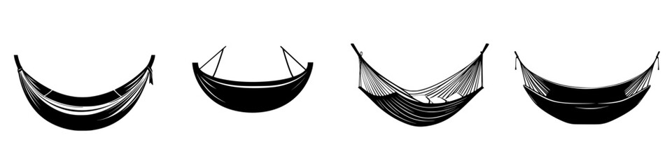 Flat black icons of various hammock designs showcasing different styles and structures for relaxation and leisure