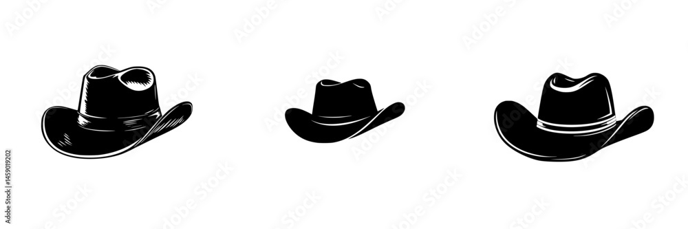 Poster flat black icons of cowboy hats in three varying sizes for versatile design use