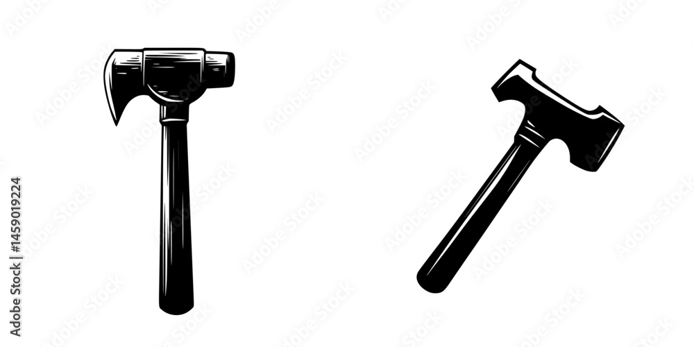 Poster two flat black icons of different types of hammers displayed side by side on a light background for 