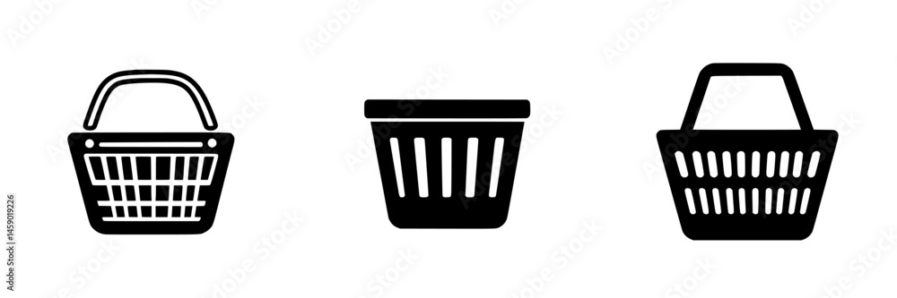 Poster collection of flat black shopping basket icons representing different styles and sizes for various u