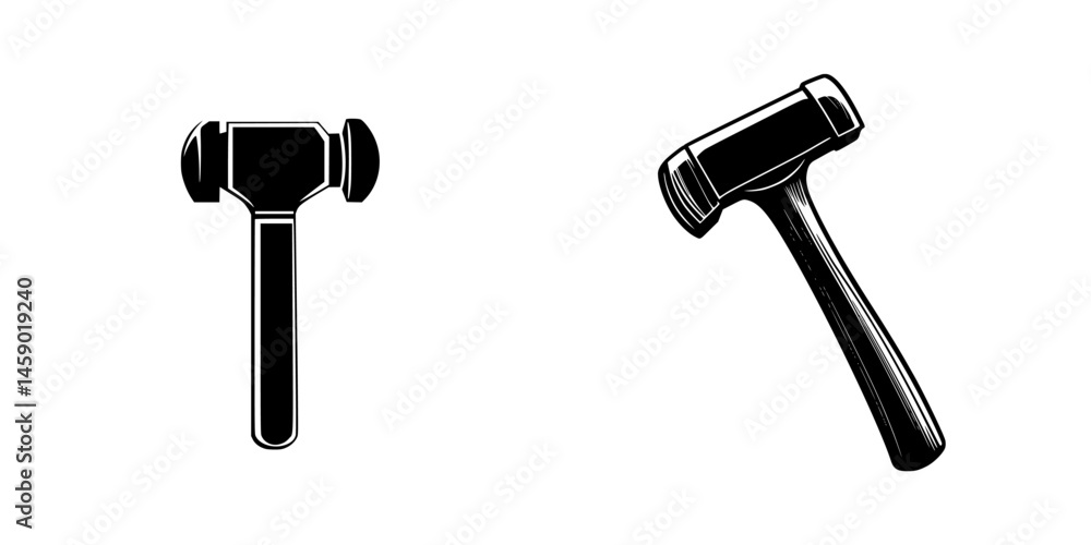 Poster black icons of a gavel and a mallet showing their distinct shapes and designs for use in various con