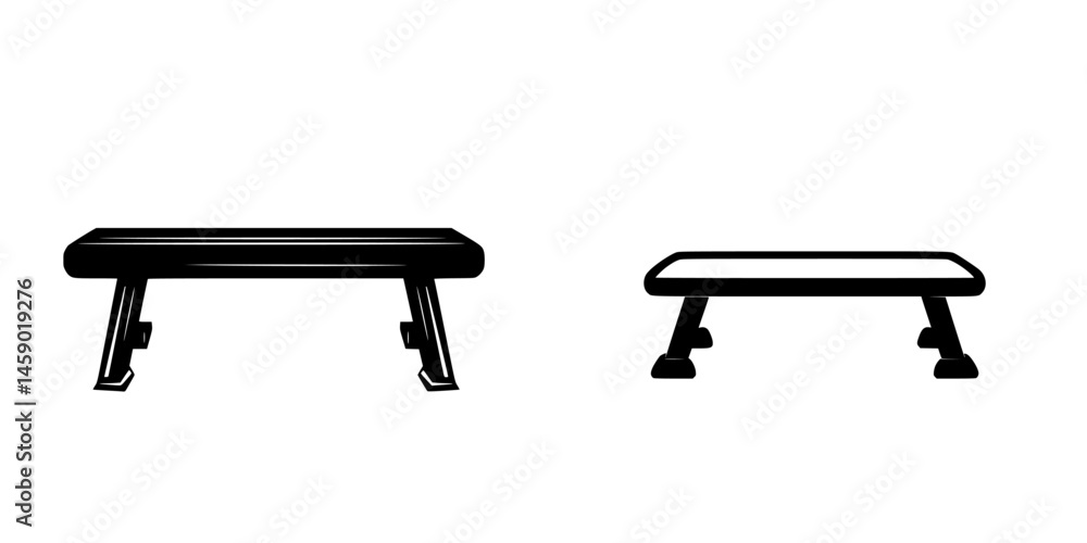 Poster flat black icon of a simple bench design with two variations in shape and style for use in various g