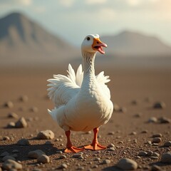 Obraz premium A white duck with orange beak and feet standing on a rocky surface in front of mountains